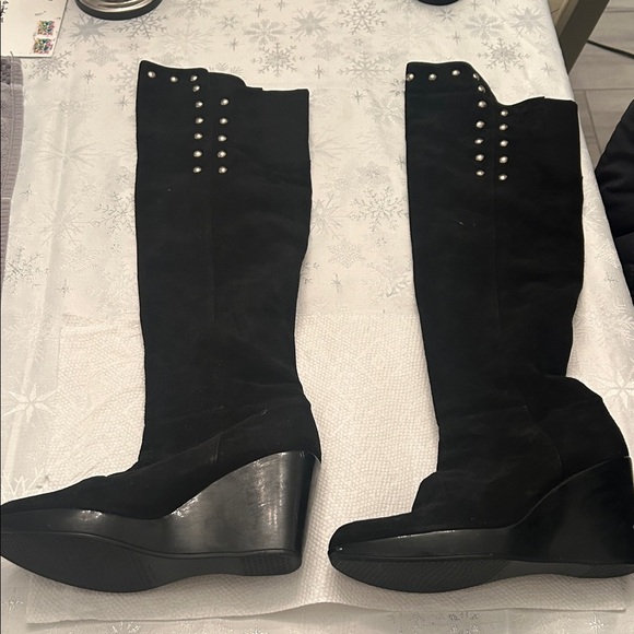 Stuart Weitzman Black Suede Knee-High Wedge Boots - Picture 2 of 14